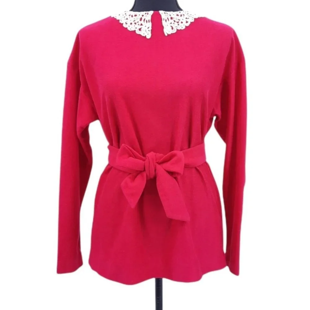 VTG 60s 70s Homemade Dark Pink Felted Long Sleeve Top Lace Collar Tie Belt M